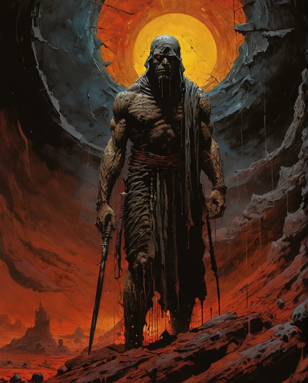 An ethereal Bedouin warrior, weathered by time and experience, stands defiantly amidst a menacing circle of ominous Djinn. His rugged features bear the marks of battles fought and victories won, while his eyes hold ancient wisdom and unyielding courage. This striking scene is portrayed in a vivid oil painting, capturing every intricate detail and emotion with breathtaking clarity and depth. The warm hues and masterful brushstrokes evoke a sense of both danger and resilience, immersing viewers in a mesmerizing world of mysticism and valor. art style by Frank Frazetta, art style by Boris Valejo ......, maximalist art, by Moebius and Hariton Pushwagner, (ambient occlusion, masterful, beautiful), poster art, bold lines, hyper detailed, expressive, award winning, (landscape:1.4), (intricate details, masterpiece, best quality:1.4), looking at viewer, dynamic pose, wide angle view, in the style of nicola samori , futuristic style, sleek, ultra modern, high tech, ornate by Moebius and by Marc Simonetti, clean lines, geometric shapes, Minimalist color scheme of red and cyan
mkitdecy, rust, cracks brutalism, style by Tom Jung and Drew Struzan and Tim and Greg Hildebrandt, ((style by artgerm and Greg Manchess and Ilya Kuvshinov))