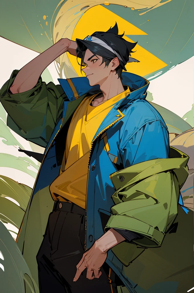 best quality, masterpiece, highres, highly detailed, 1boy, KojiM, bandana, yellow shirt, blue jacket, pants, digital artwork, illustrative, forest, smug,