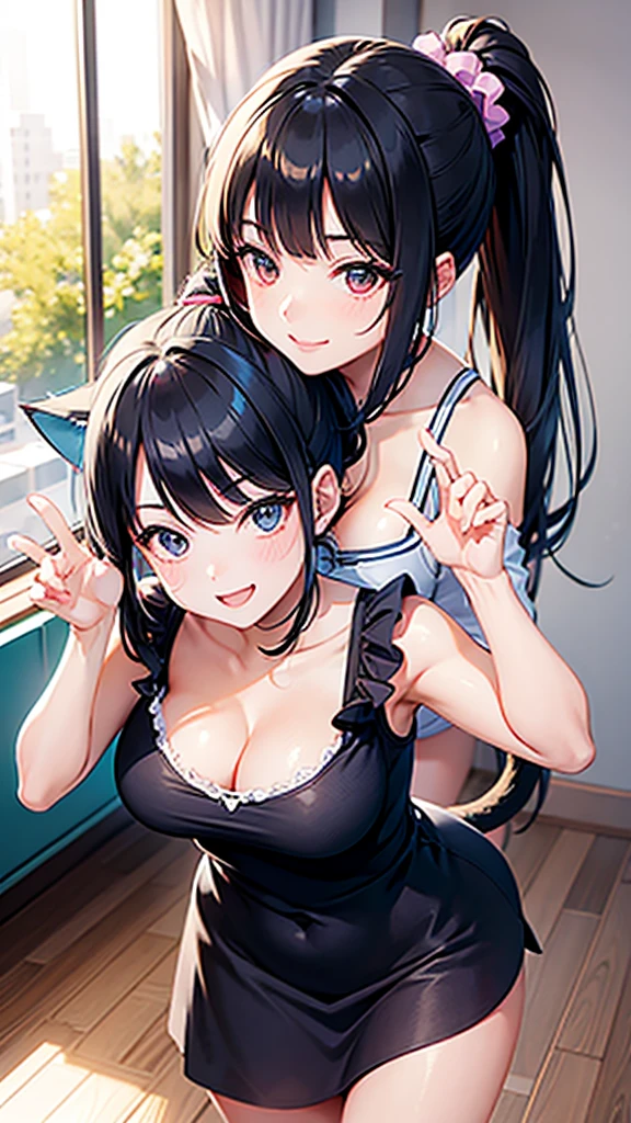 Female college student、One person、Moderate breast size、Adult Cute、Cleavage、Turn around pose、The best smile、high resolution、Ponytail hairstyle、Cat beckoning pose、Cute one piece dress