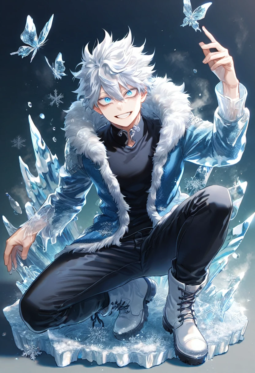 absurdres, highres, ultra detailed, HDR, master piece, best quality, extremely detailed face, delicated features, Gojou Satoru, white hair, messy hair, hair between the eyes, expressive blue eyes, white eyelashes, Boku No Hero Academia, sexy man, solo, handsome, smiling, blue jacket with fur, black shirt, black pants, full body, white boots, fantasy, magical, ice, ice butterflies, snowflakes, starry night, ice style