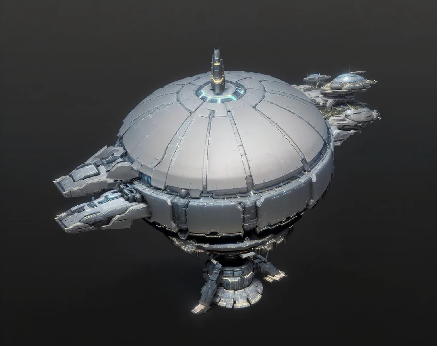 a close up of a futuristic spaceship with a large dome, detailed spaceship, scifi spaceship, industrial humanity spaceship, spaceship, scifi space station, scifi base, hard surface model, ancient space ship, kitbashing component, small starship near, spaceship hull texture, super scale rendered, futuristic outpost building, detailed spacecraft, lone industrial!!! spaceship!!, brutalist space ship