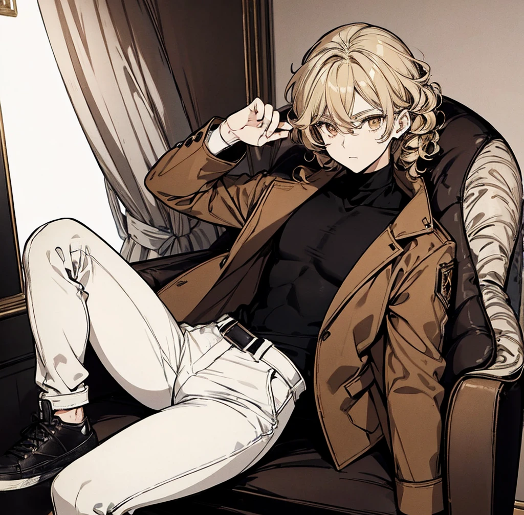 One person, Tall, tan, male, lean and fit, blonde gold curly hair, deep brown eyes, wearing black velvet long sleeve turtleneck, white collard jacket, white pants, white high tops, handsome as hell.