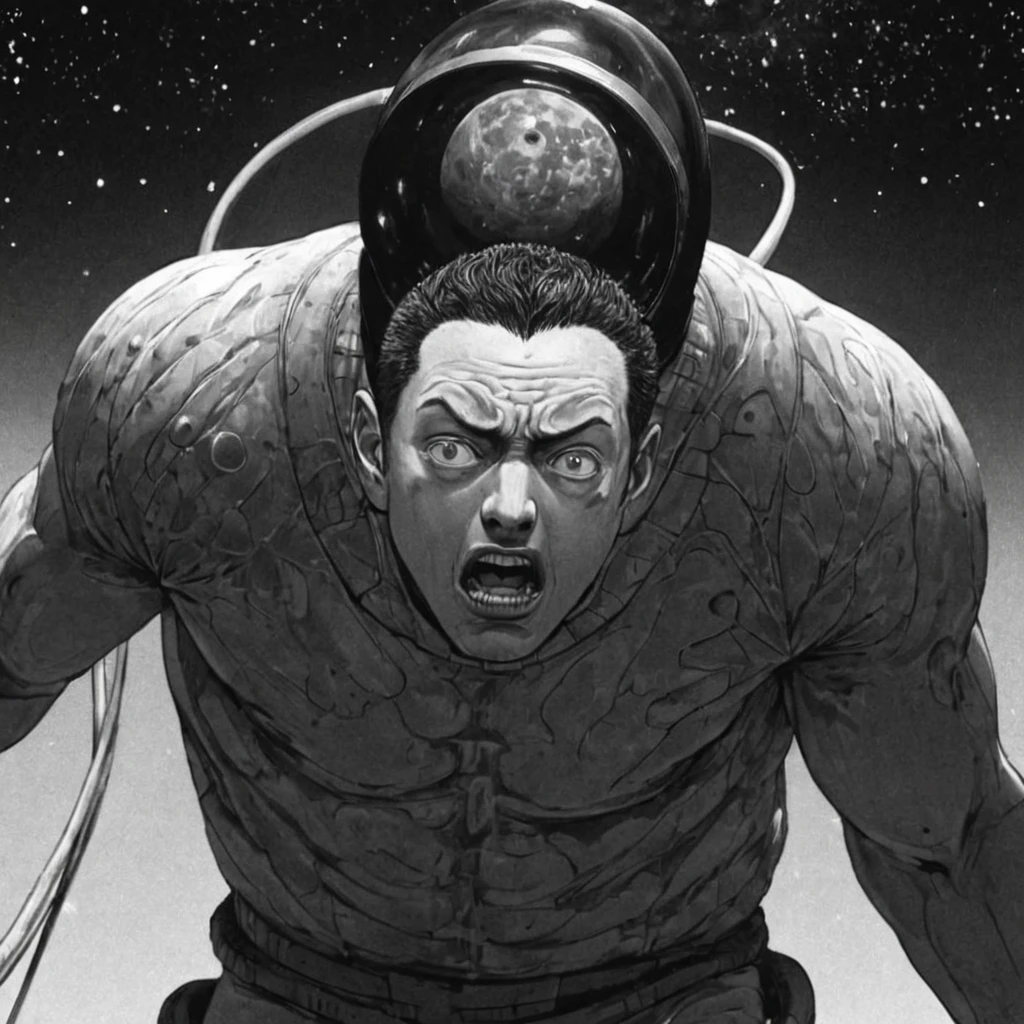 strong man in the vacuum of space, (anime), bizarre scenario, This is Junji, Yusuke Murata, black and white, 8K, anime, horror