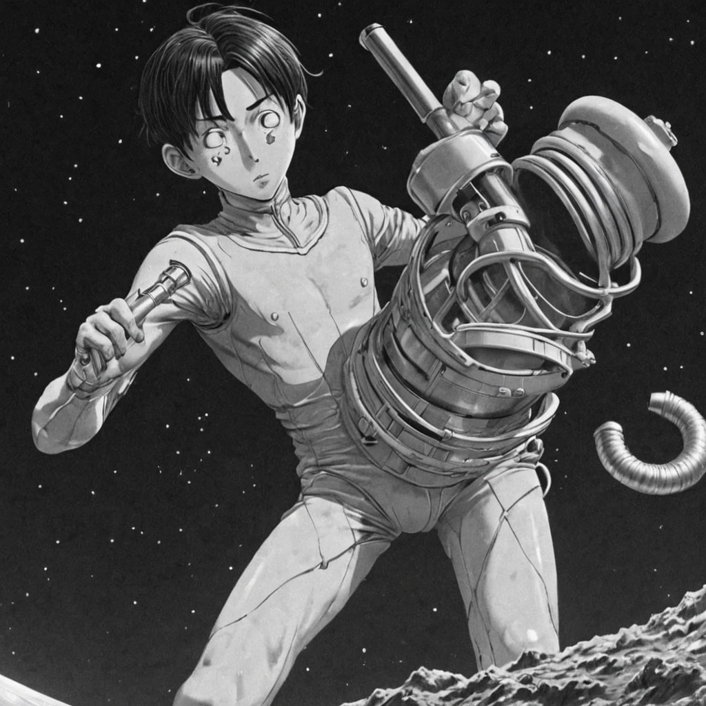 strong man in the vacuum of space, (anime), bizarre scenario, This is Junji, Yusuke Murata, black and white, 8K, anime, horror