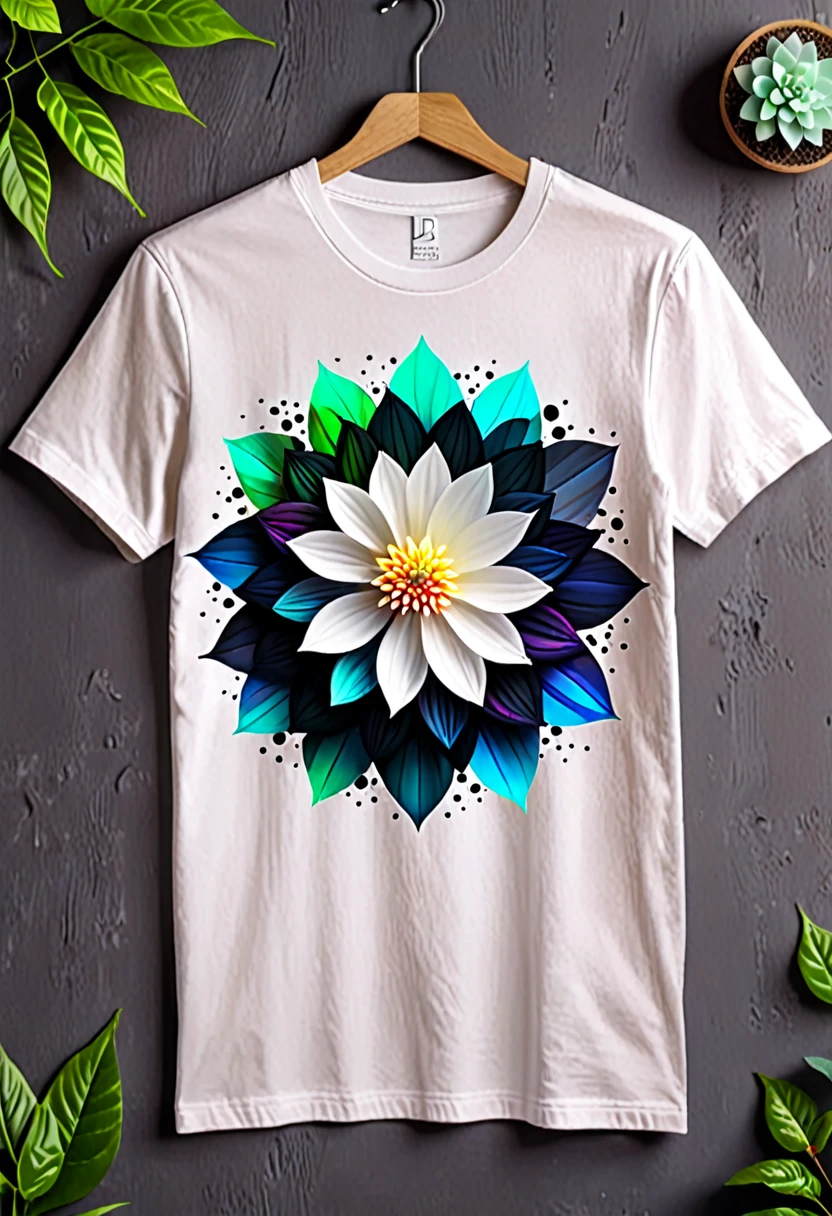 The flower petals should seamlessly blend with pixelated elements and glitch effects, symbolizing the fusion of nature and technology. The background of the shirt is neutral (white, black, or dark gray) to highlight the vibrant colors of the flower. Surround the flower with a soft glow of gradient colors transitioning from natural greens and blues to vibrant neons. Add fine metallic geometric lines interwoven with the main design, giving a touch of elegance and sophistication. Include a small, minimalist "Éclat" signature at the lower right corner of the design, accompanied by a tiny digital icon. Ensure the design is detailed and visually captivating, suitable for a high-quality, modern, and slightly fitted t-shirt made from organic cotton with a touch of elastane.