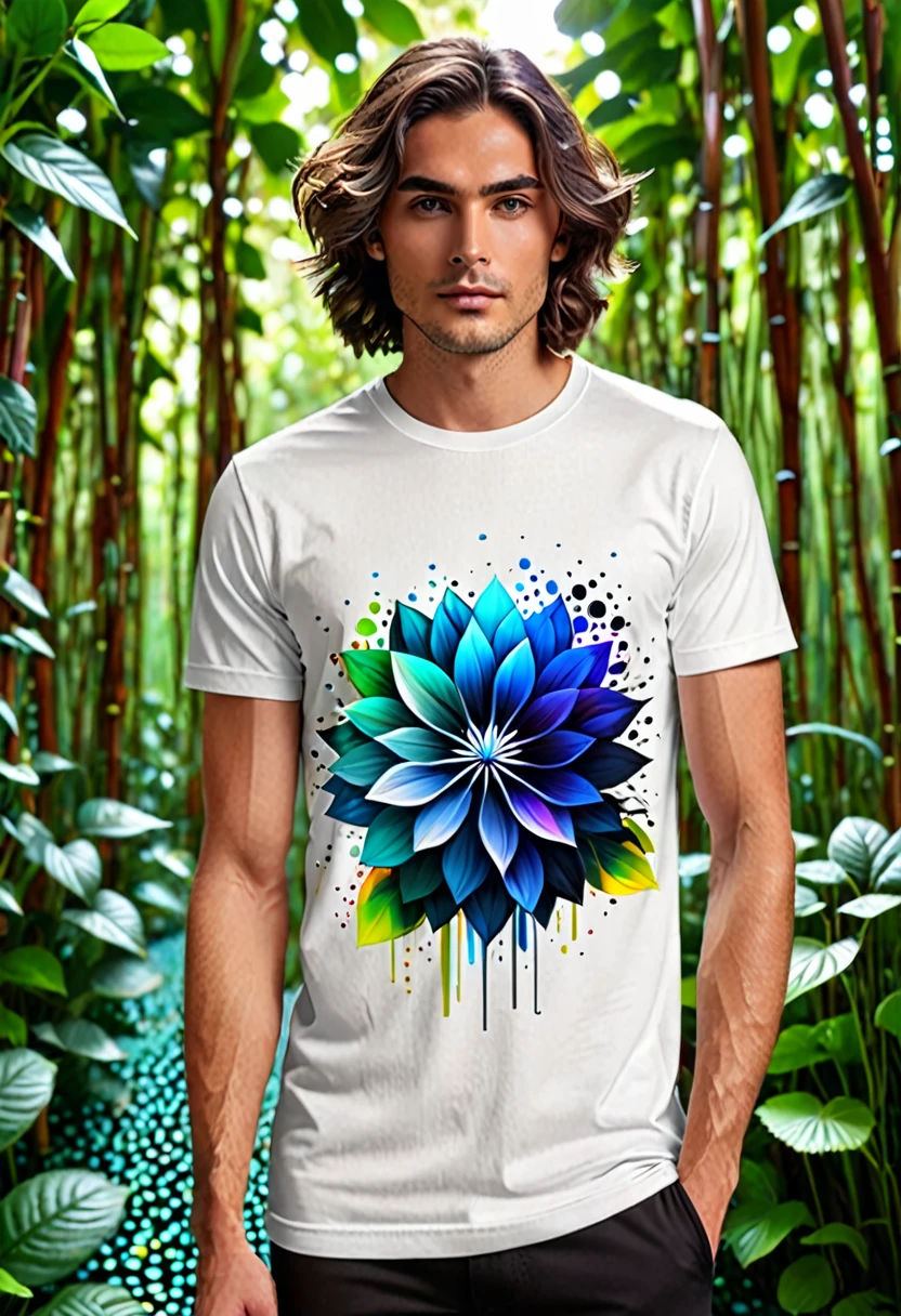  The flower petals should seamlessly blend with pixelated elements and glitch effects, symbolizing the fusion of nature and technology. The background of the shirt is neutral (white, black, or dark gray) to highlight the vibrant colors of the flower. Surround the flower with a soft glow of gradient colors transitioning from natural greens and blues to vibrant neons. Add fine metallic geometric lines interwoven with the main design, giving a touch of elegance and sophistication. Include a small, minimalist "Éclat" signature at the lower right corner of the design, accompanied by a tiny digital icon. Ensure the design is detailed and visually captivating, suitable for a high-quality, modern, and slightly fitted t-shirt made from organic cotton with a touch of elastane.