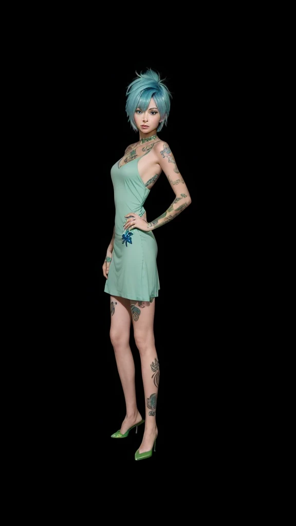 A fair-skinned girl with short blue-colored hair, wearing a short green dress and tattoos on her body