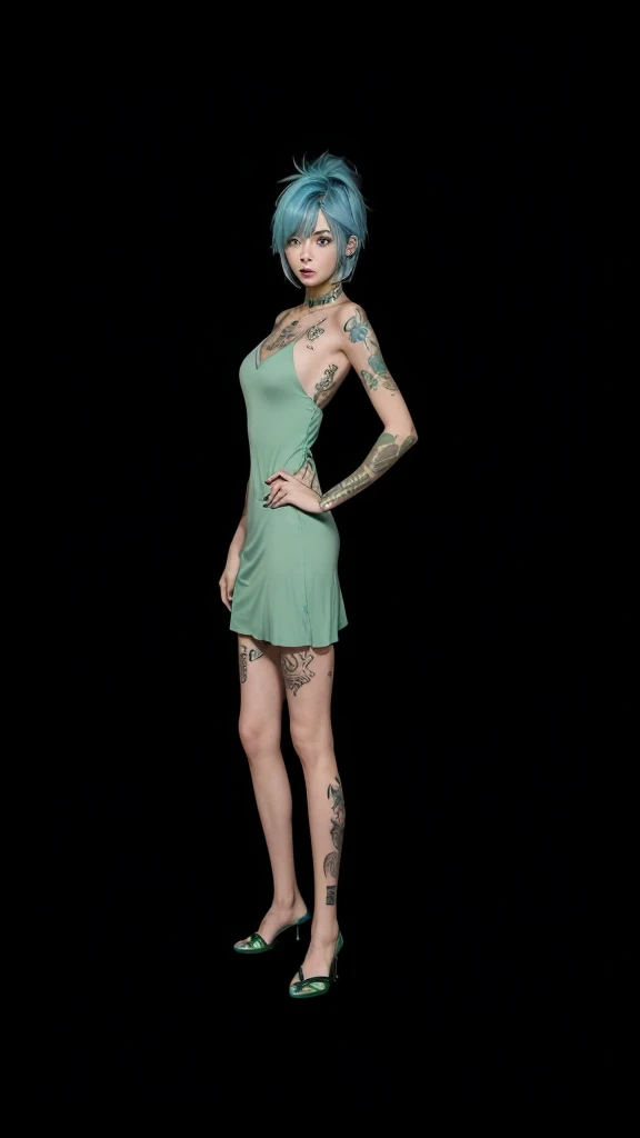 A fair-skinned girl with short blue-colored hair, wearing a short green dress and tattoos on her body