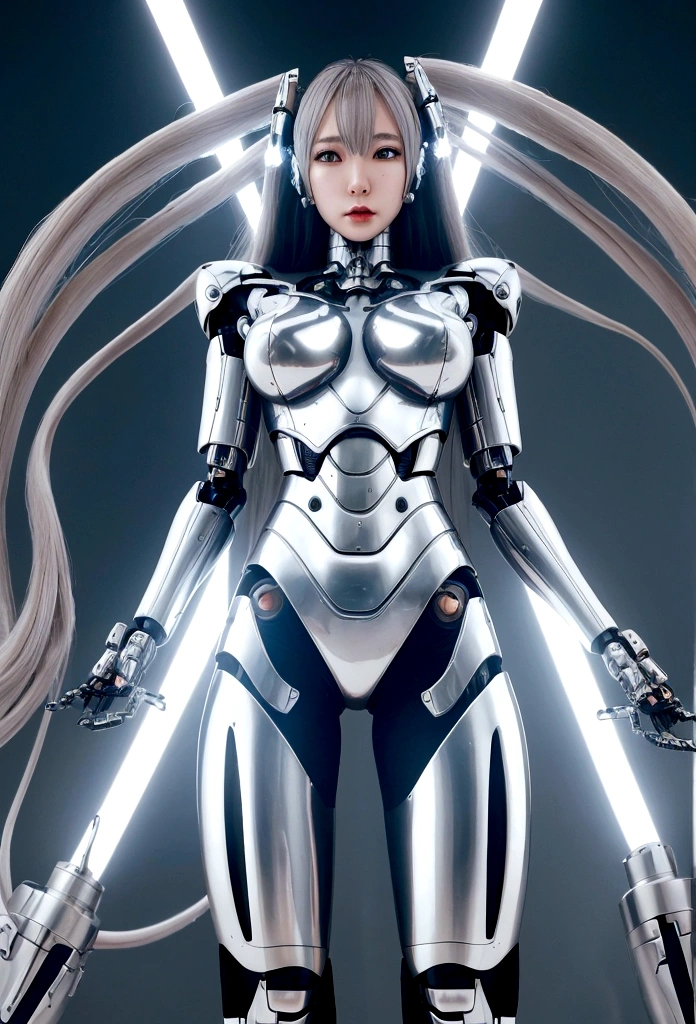female cyborg, cum in pussy, silver metal robot body, from below, metallic skin, metal body, anime, long hair, full body