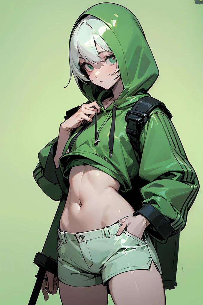 (masterpiece, highest quality:1.6), alone, thick outline, (simple background, light green background, monochrome, light green theme:1.2), official art, Key Visual, 8K, disorganized, whole body, (unique hair, Oversized Hoodies, hot pants, wearing a hood, arch back, short torso:1.2), belly button, thighs, cowboy shot, HDR, sharp focus, High resolution, most detailed, very detailed, Super detailed, finely, detailed eyes and face, sharp pupils, realistic student, solo, green and white contrast, solo, hands in pockets