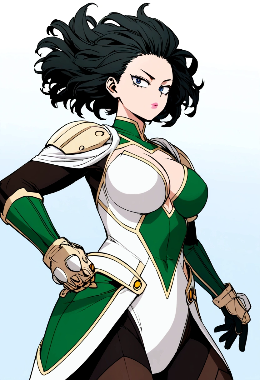 Screenshot of boku no hero academia. beautiful girl. high . very fair complexion with pronounced purple circles under the eyes , strong, slanted blue eyes short, close-fitting hair .strong green color. pale pink lips . white leotard hero costume with black stripes, una falda blanca y botas highs hasta la rodilla color negra y guantes color negro. Complete plan