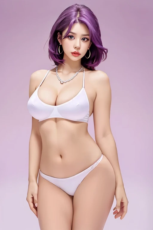 Masterpiece, Ultra realistic, 16K, Dreamy atmosphere, r3b3cc4 young, Sensual (Erotic), 1 girl (cute young) alone, delicate (seductive) female face, silky purple hair, looking at viewer, Turanga Leela (futurama), hair with gradient colors , simple background, white background, jewelry, earrings, necklace, young beauty, portrait, hoop earrings, realistic, soft lighting, professional photography, photorealistic, detailed eyes, muscular female body, defined muscles, delicate feminine, large natural breasts, belly hot, proportional narrow waist, proportionally big hips, thick legs, beautiful, nude, different sensual positions, raw, analog, sharp focus, 8K, high definition, dslr, high quality, Fujifilm XT3, Film grain, award winning, artwork