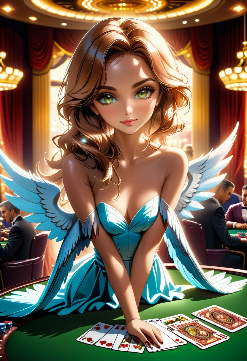 Arafed a picture of a female angel playing poker at gambling table, she sits near the table holding some cards, exquisite beautiful female, ultra detailed face, (best detailed face: 1.3), dynamic eye color, dynamic hair color, dynamic hair style,, wearing elegant evening dress, (wings spread behind her: 1.3), gambling table at a casino background, vibrant, Ultra-high resolution, High Contrast, masterpiece:1.2, highest quality, Best aesthetics), best details, best quality, highres, ultra wide angle, 16k, [ultra detailed], masterpiece, best quality, (extremely detailed),