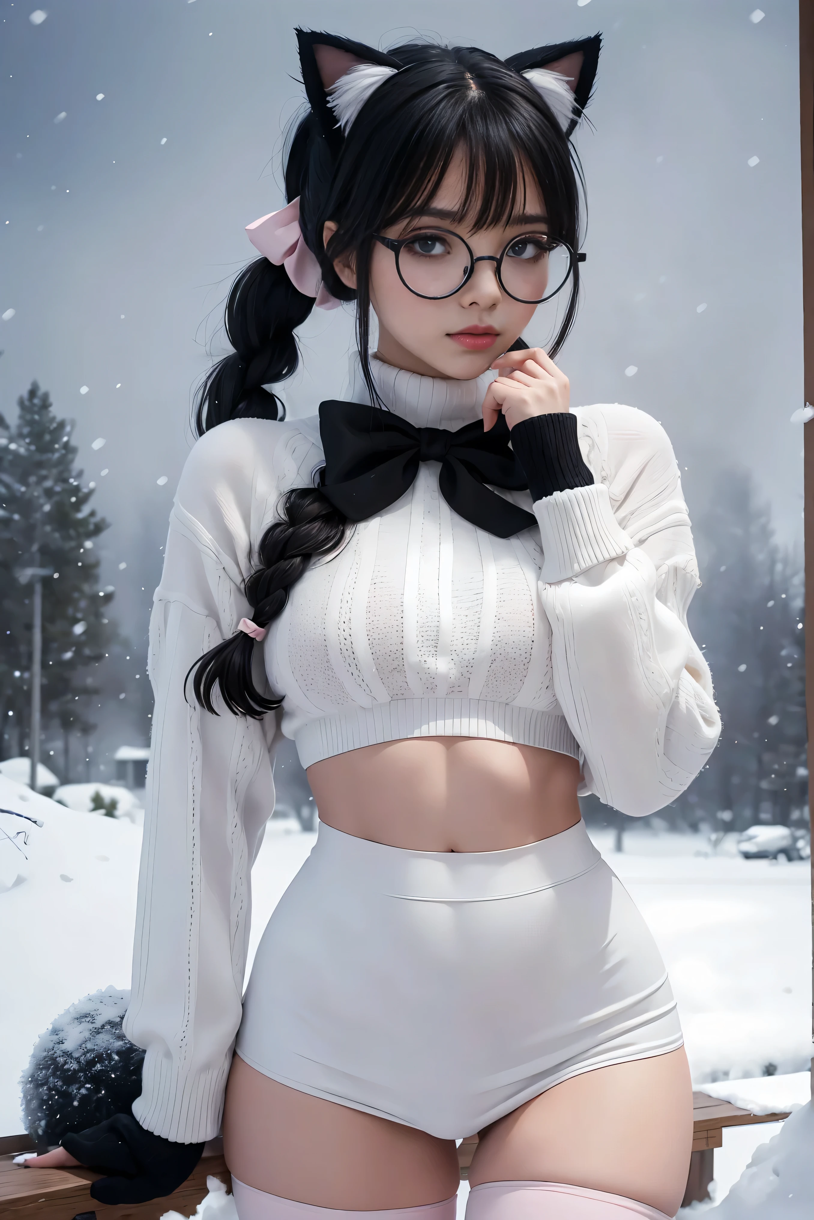 (Best Quality,High resolution:1.2), Ultra-detailed, Realistic portrait, hot Russian girl, pretty face, perfect long legs, full body, tiny waist. large breasts, standing, tight white cropped jumper, black high waist leggings, pink and white snow boots, in the snow, large blue eyes, long black hair tied up with a ribbon, pigtails, tight high waist mini skirt, woolen socks, hair bangs, snowing, foggy, (large round black rimmed glasses), cat ears, (large bow at the back of head, midriff), ((sexy pose))