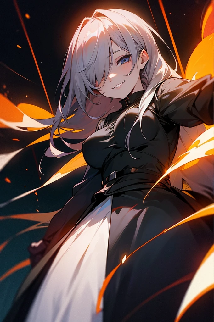 erzebeth (my daughter is the final boss), looking at viewer, upper body, hair over one eye, black lips, evil smile, from below, light particles, dutch angle, fire, cowboy shot,
