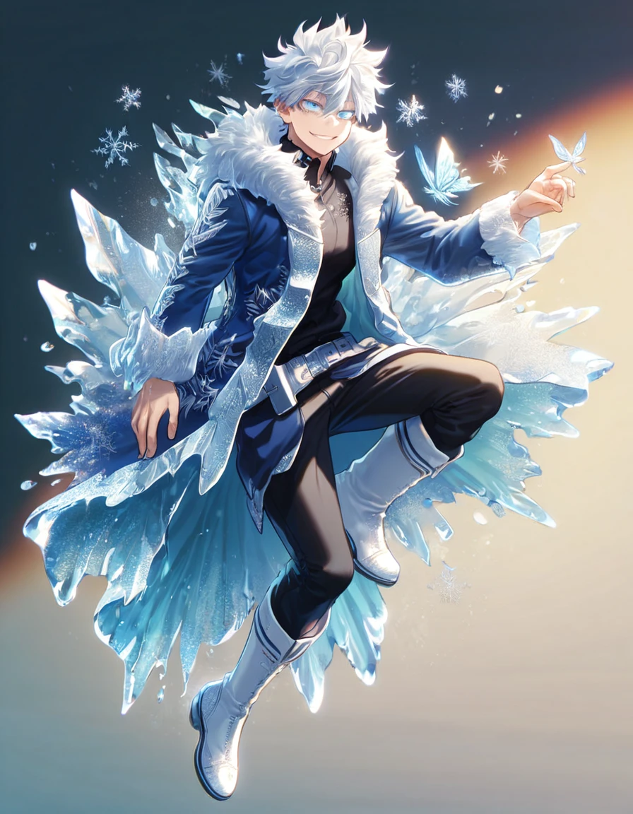 absurdres, highres, ultra detailed, HDR, master piece, best quality, extremely detailed face, delicated features, Gojou Satoru, white hair, messy hair, hair between the eyes, expressive blue eyes, white eyelashes, Boku No Hero Academia, sexy man, solo, handsome, smiling, blue jacket with fur, black shirt, black pants, full body, white boots, fantasy, magical, ice, ice butterflies, snowflakes, starry night, ice style