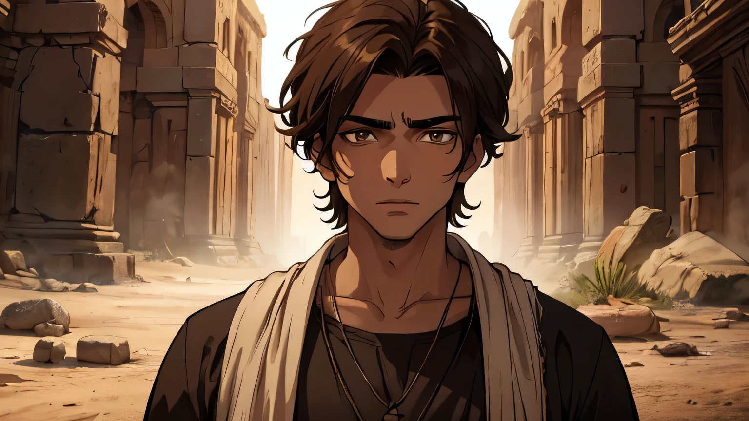 Prophet Joel, young man with short dark brown hair and ancient poor clothes from the 1st century BC, dark brown, light brown eyes, 25 years old, with a serious epic look in the darkness in the middle of the desert