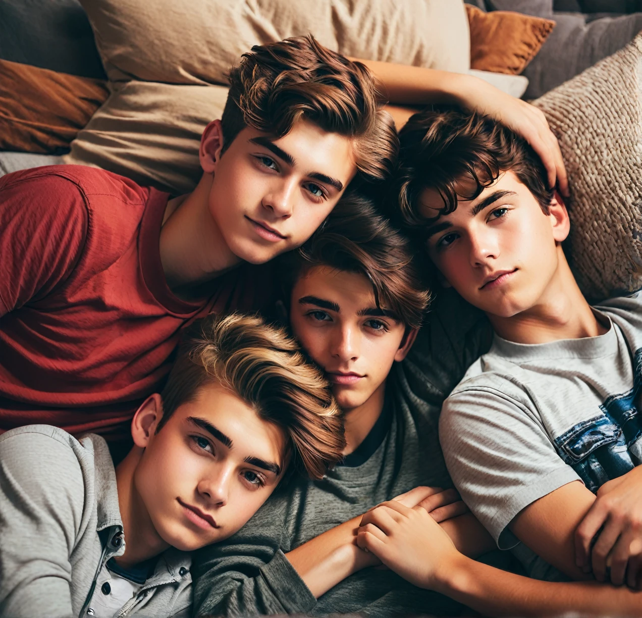 3 different cute male teenagers cuddling together