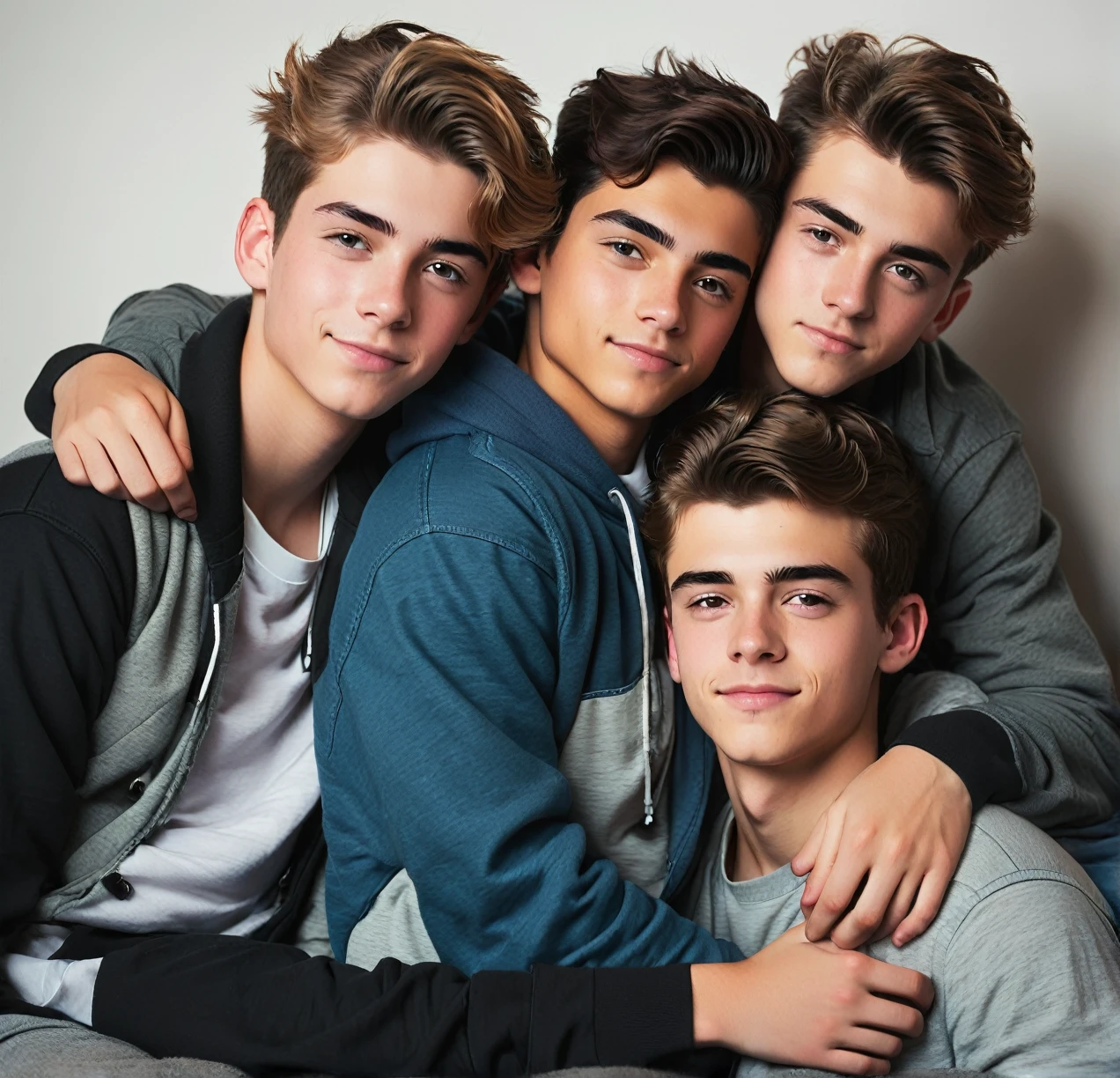 3 different cute male teenagers cuddling together