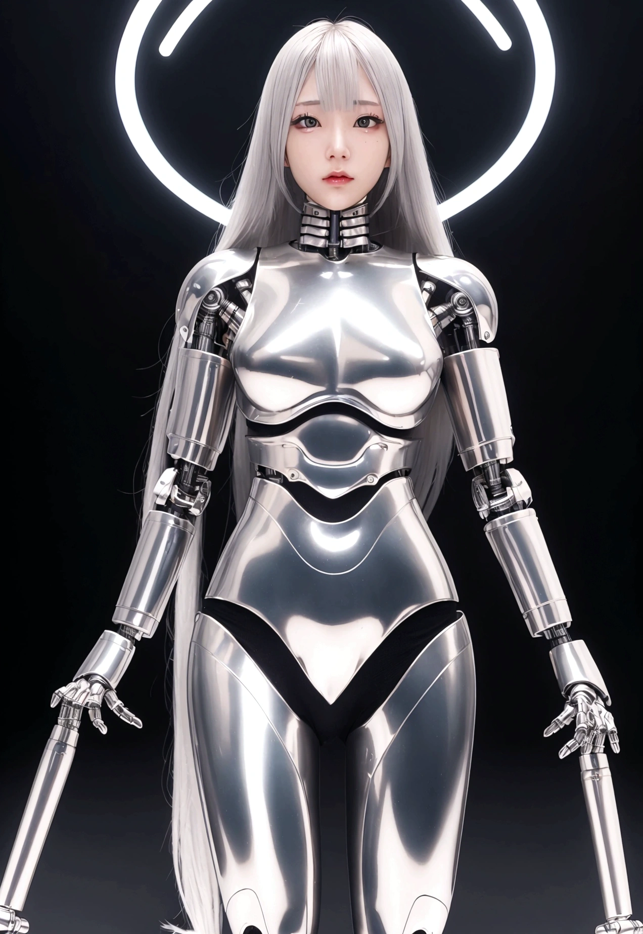 female cyborg, cum in pussy, silver metal robot body, from below, metallic skin, metal body, anime, long hair, full body