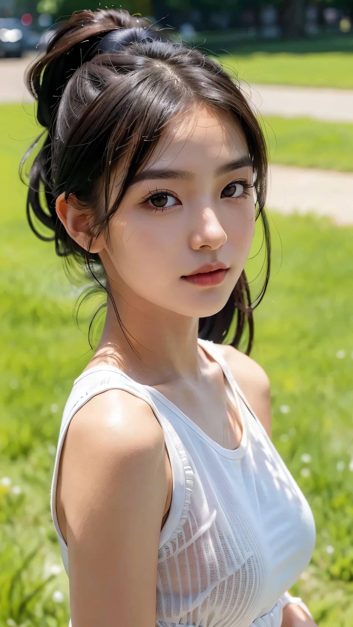 dress,outdoors,Urban Park,On the lawn,One woman,close up face,fully body photo,masutepiece, The highest image quality, High quality, the background is clear,Beautiful woman, Japanese, Detailed, Ultra-detailed, finely detail, hight resolution, 8K Wallpaper, Perfect dynamic composition, Beautiful detailed eyes ,Detailed eyes, Detailed skin, Beautiful skin, 超hight resolution, (reality: 1.4),Very beautiful woman, Slightly younger face, Beautiful skin, slender, (Ultra photo realsisim), (hight resolution), (8K), (Very detailed) (beautifully detailed eyes), (super detailed), (Detailed face), view the viewer, Fine details, Detailed face, Staring straight ahead, Staring straight ahead, photos realistic, Bright lighting, Professional Lighting, Black hair,poneyTail,a baby face,sixteen years old,Hairstyle: ponytail,Long ponytail hairstyle,slight smile,