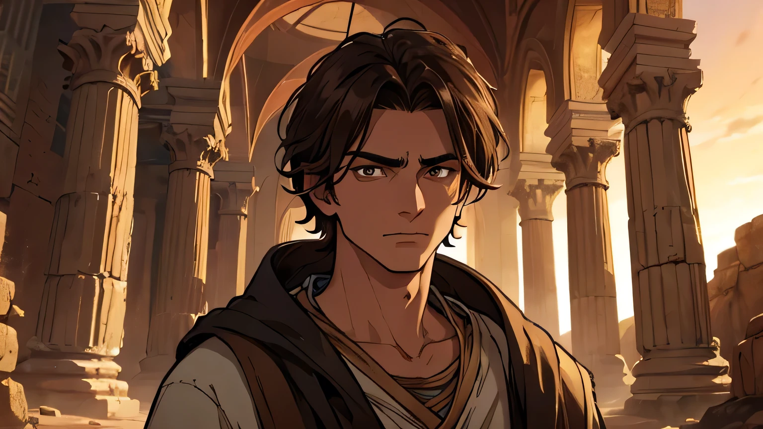 Prophet Joel, young man with short dark brown hair and ancient poor clothes from the 1st century BC, dark brown, light brown eyes, 25 years old, with a serious epic look in the darkness in the middle of the desert