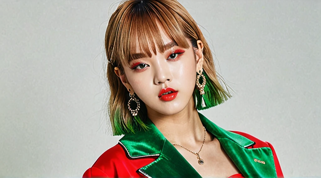 K-pop idol Lalisa poses with a red and green outfit