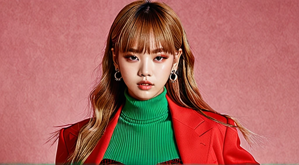 K-pop idol Lalisa poses with a red and green outfit