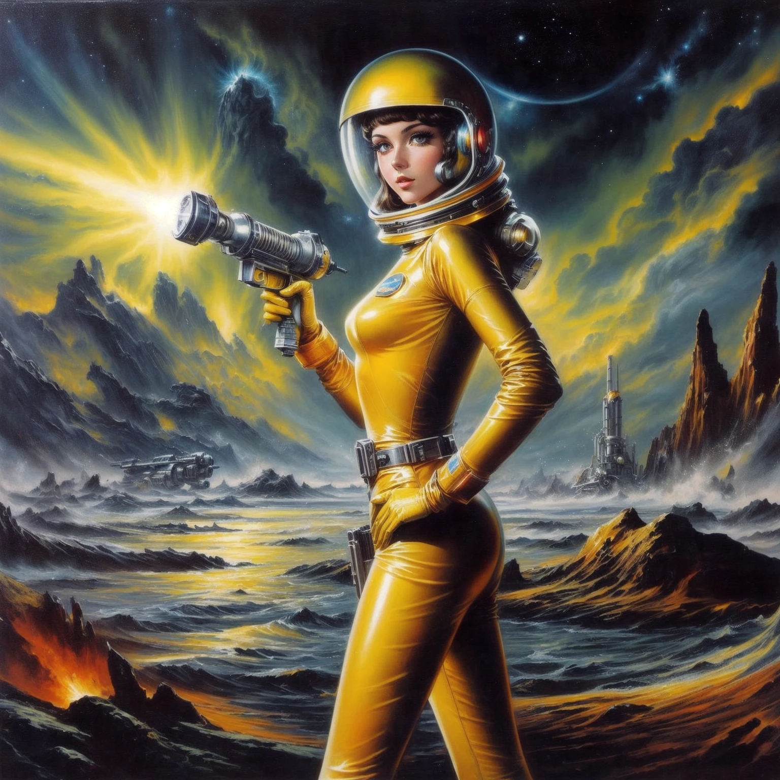 a woman in a spacesuit with a gun in front of a planet, Stil von Jim Burns, Retro-Science-Fiction-Kunst, cyborg goddess in cosmos, Greg Beeple, Vintage Science-Fiction-Kunst, 7 0 s Sci-Fi-Kunst, Frank Kelly Freas, 1 9 8 0 s Retro-Science-Fiction-Kunst