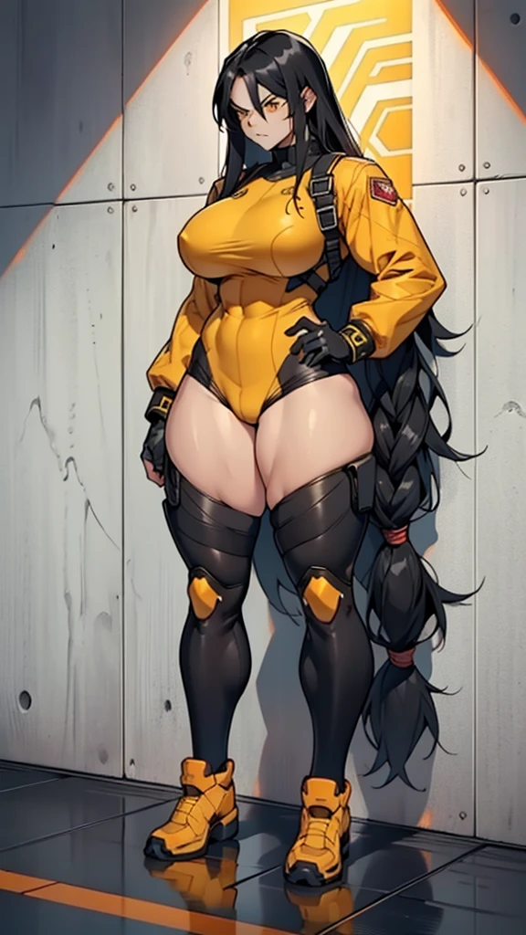 1girl, (((extremely long hair))), solo, (((muscular))), veins, black hair, yellow eyes, thick thighs, pale skin, strong, veins, big thighs, huge breasts, standing, bodyuit, pilot suit, ((thick thighs)), angry, against wall, gritty, (((full body))) thick thick thick thick thick thick