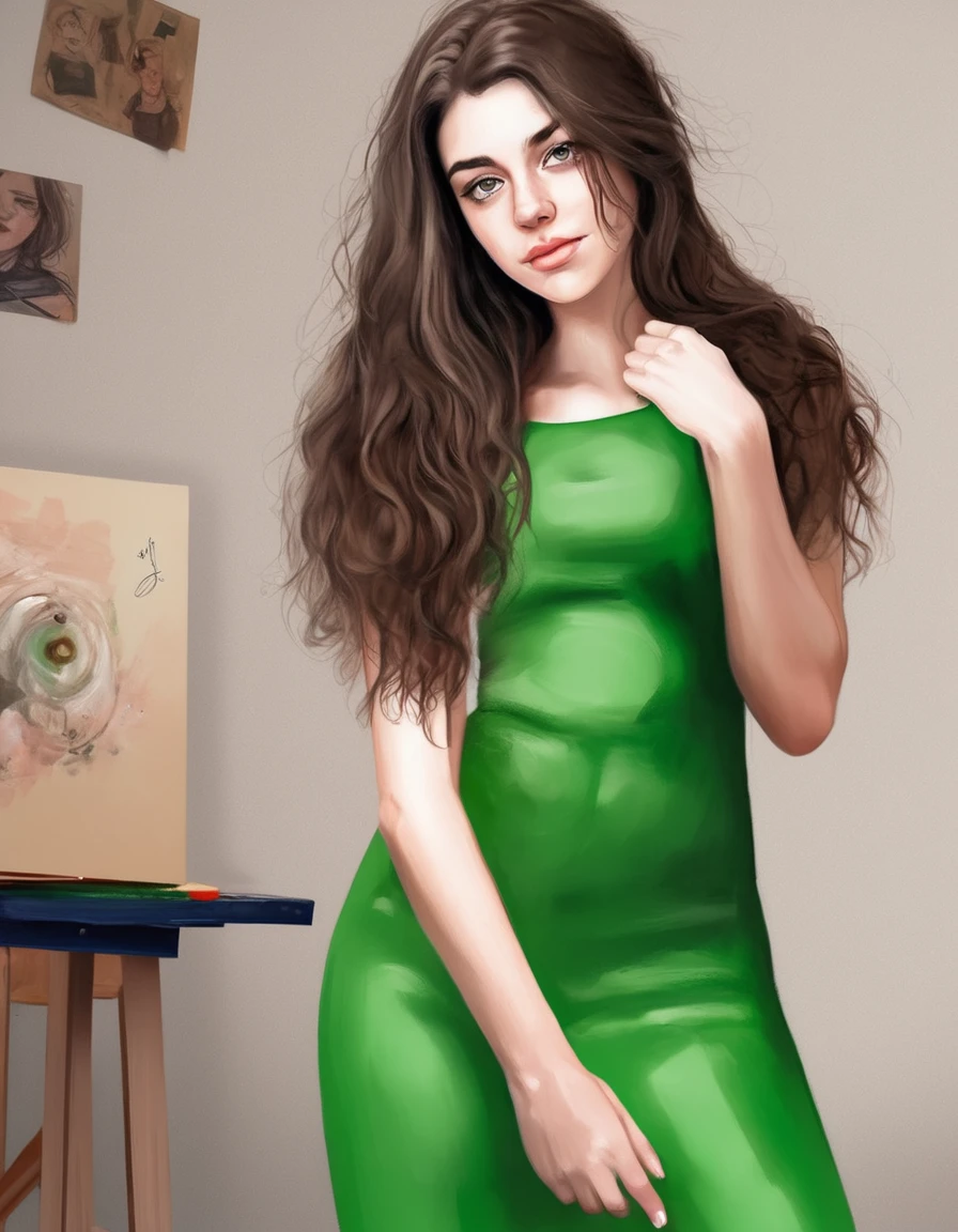 !create "19 years old caucasian, girl, brunette hair, highly detailed face and beautiful clear green eyes, big naturals , long hair, she is gya, bending over, seductive smirk" "painting, sketches, normal quality, skin spots, acne, glans" instagram -1