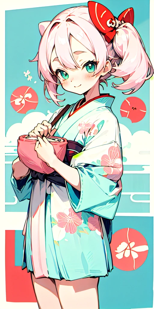 Japanese anime style cute Character Details Hair: Short and red, with a bow or small cute accessory. It will be a character from a brand's logo, so make her hand centered in the image showing the knitting roll, with her eyes closed happily. Art: Flashy Japanese propaganda style. Clothing: A traditional Japanese outfit or something knitting-related, like a cute sweater. Facial Expression: Cheerful and friendly, with big eyes Colors: Soft, pastel tones, such as light pink, baby blue, or mint green.