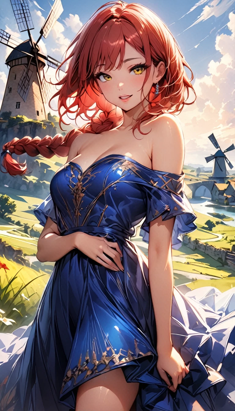 (highest quality:1.4), Very detailed, Vibrant, digital coloring, High Contrast, highest quality, Best aesthetics, (masterpiece:1.4), 1 girl, red Hair, (single braid:1.5), messy hair, vivid yellow eyes , (Blue Dress , off shoulder , Strapless dress:1.4), (fantasy landscape:1.4), windmill, countryside, Bright lighting, Beautiful world, New World, Blown by the gentle wind, (hot gaze, Hot, beautiful lips, Glossy, Open Mouth, Leaking sigh), Accurate, Cowboy Shot, seductive smile, The beauty and danger of growing from a girl to an adult, A symbol of miraculous beauty