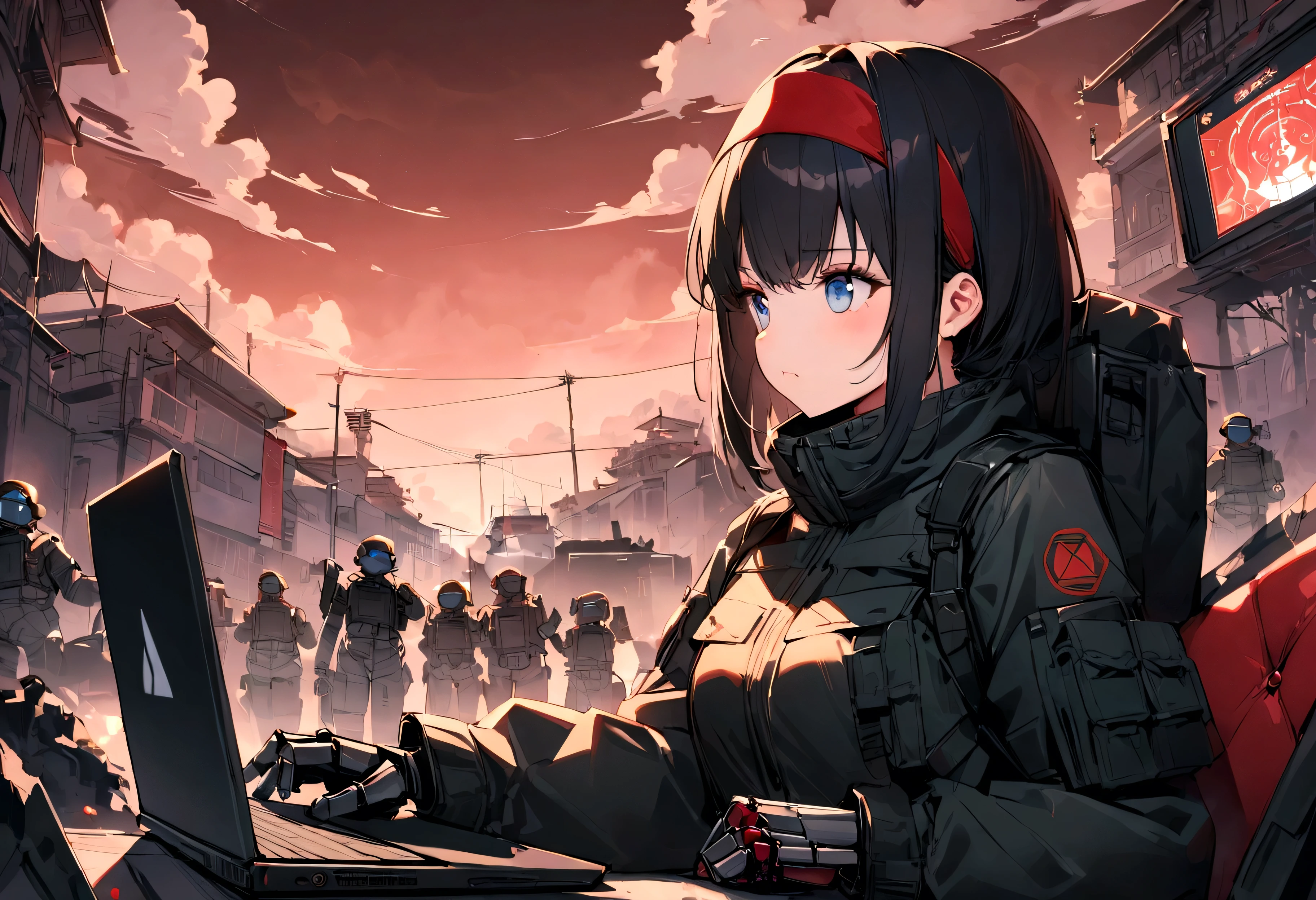 (Best quality), Oriental detailed background, Science fiction,Mechanical arms, Girl commands a robot army with her laptop, (laptop screen uses Linux) blue eyes, black hair, red hairband, War,  techwear outfits, army suit