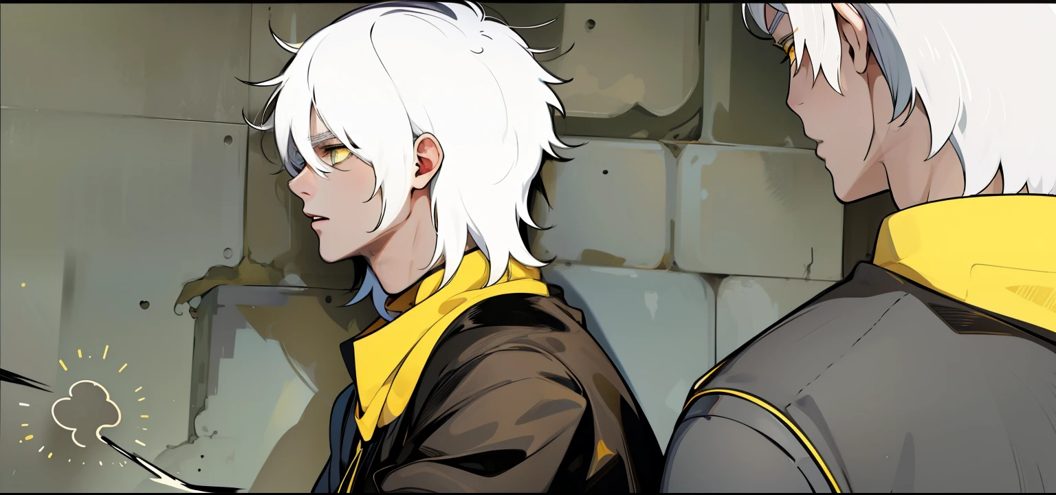 He is talking with his mouth open, 28 years old, white hair and yellow eyes, they are talking, worried, thoughtful, wearing black and yellow clothes.