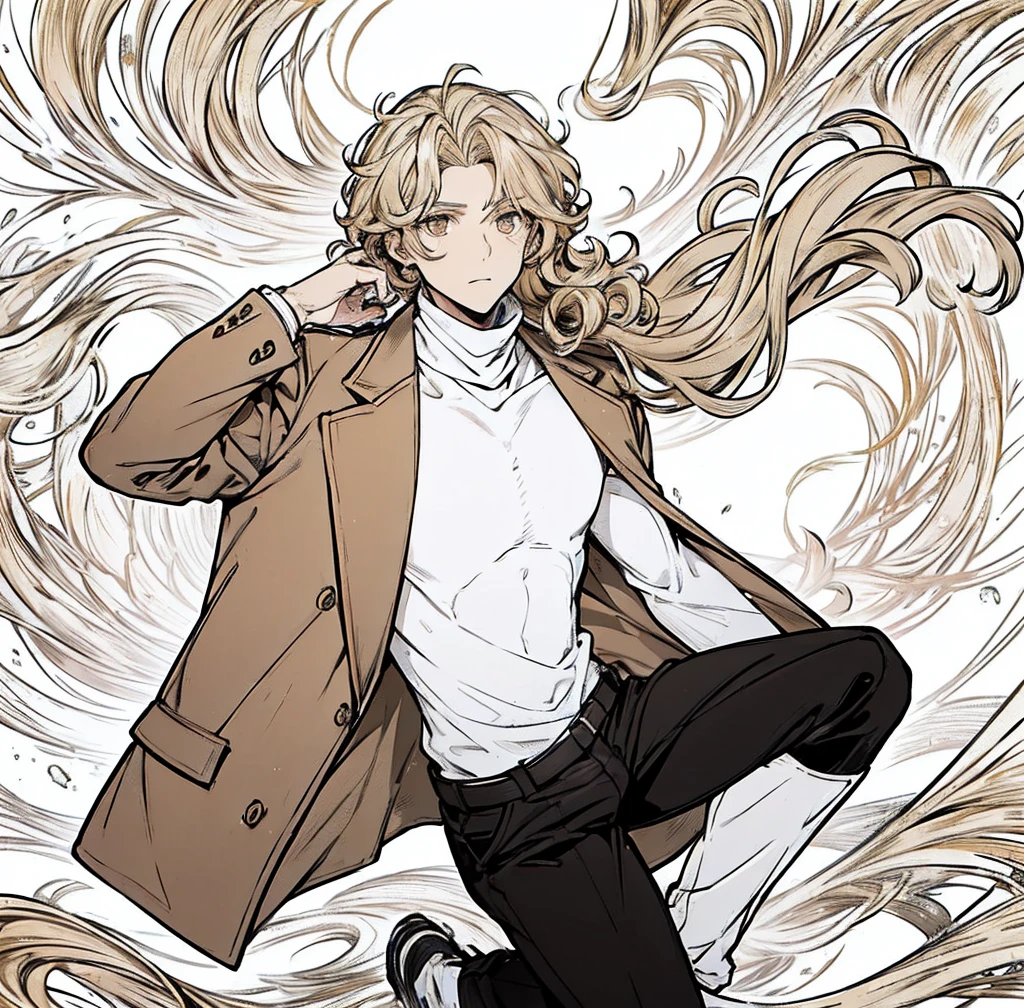 One person, Tall, tan, male, lean and fit, blonde gold curly hair, deep brown eyes, wearing black velvet long sleeve turtleneck, white collard jacket, white pants, white high tops, handsome as hell.