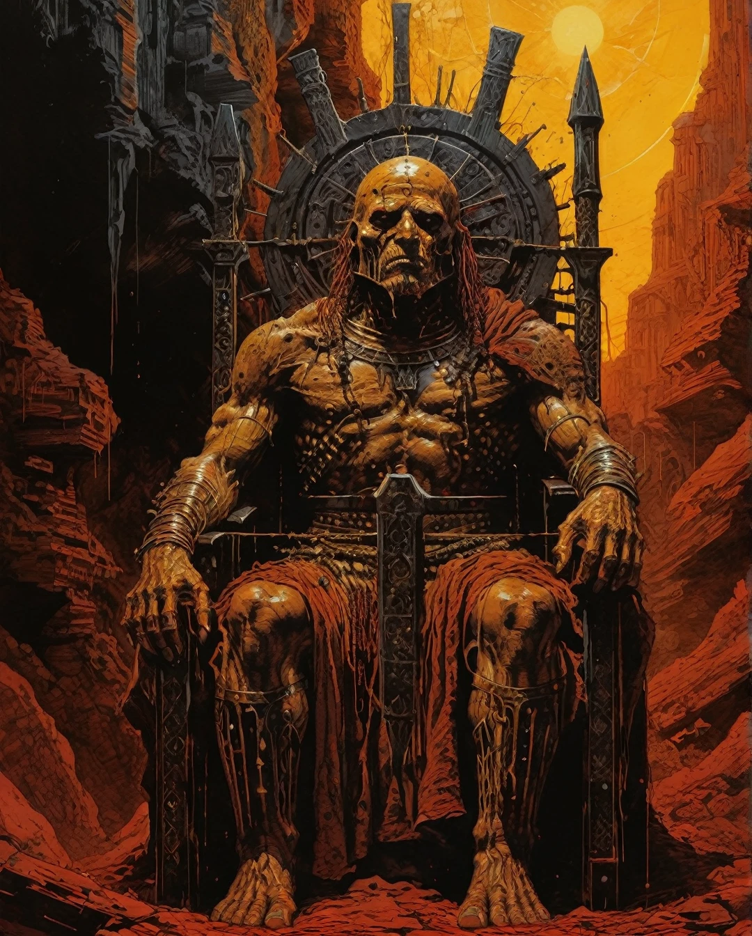 A robust Bedouin warlord, weathered by time and conquest, sits on a once majestic throne in a chamber that bears the scars of ancient battles. The setting sun casts a warm glow on his weathered face, highlighting his intricate tattoos and worn armor. This vivid scene is captured in a mesmerizing oil painting of unparalleled detail and depth, showcasing the warrior's intricate garments and the intricate carvings on the throne. The artist's expert use of color and light brings this fierce figure to life, his gaze seemingly piercing through the viewer's soul.. ......, maximalist art, by Moebius and Hariton Pushwagner, (ambient occlusion, masterful, beautiful), poster art, bold lines, hyper detailed, expressive, award winning, (landscape:1.4), (intricate details, masterpiece, best quality:1.4), looking at viewer, dynamic pose, wide angle view, in the style of nicola samori , futuristic style, sleek, ultra modern, high tech, ornate by Moebius and by Marc Simonetti, clean lines, geometric shapes, Minimalist color scheme of red and cyan
mkitdecy, rust, cracks brutalism, style by Tom Jung and Drew Struzan and Tim and Greg Hildebrandt, ((style by artgerm and Greg Manchess and Ilya Kuvshinov))
