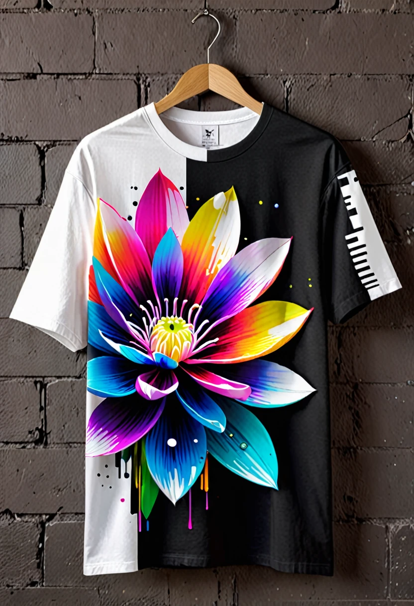 The flower petals should seamlessly blend with pixelated elements and glitch effects, symbolizing the fusion of nature and technology. The background of the shirt is neutral (white, black, or dark gray) to highlight the vibrant colors of the flower. Surround the flower with a soft glow of gradient colors transitioning from natural greens and blues to vibrant neons. Add fine metallic geometric lines interwoven with the main design, giving a touch of elegance and sophistication. Include a small, minimalist "Éclat" signature at the lower right corner of the design, accompanied by a tiny digital icon. Ensure the design is detailed and visually captivating, suitable for a high-quality, modern, and slightly fitted t-shirt made from organic cotton with a touch of elastane.