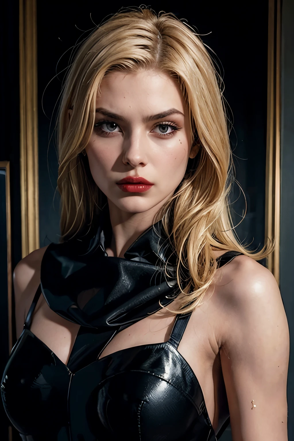 blonder woman, spy, black gown, serious face, red and sensual lipstick.