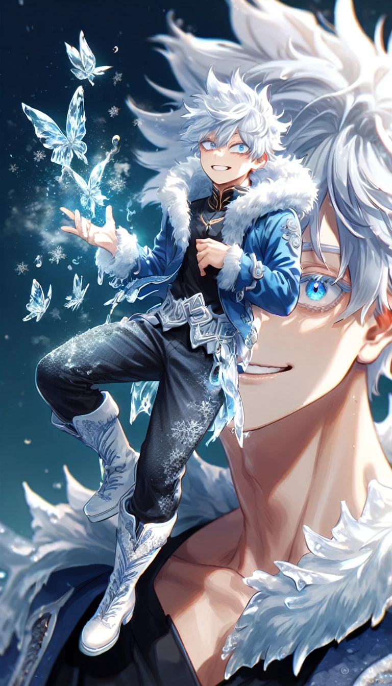 absurdres, highres, ultra detailed, HDR, master piece, best quality, extremely detailed face, delicated features, Gojou Satoru, white hair, messy hair, hair between the eyes, expressive blue eyes, white eyelashes, Boku No Hero Academia, sexy man, solo, handsome, smiling, blue jacket with fur, black shirt, black pants, full body, white boots, fantasy, magical, ice, ice butterflies, snowflakes, starry night, ice style