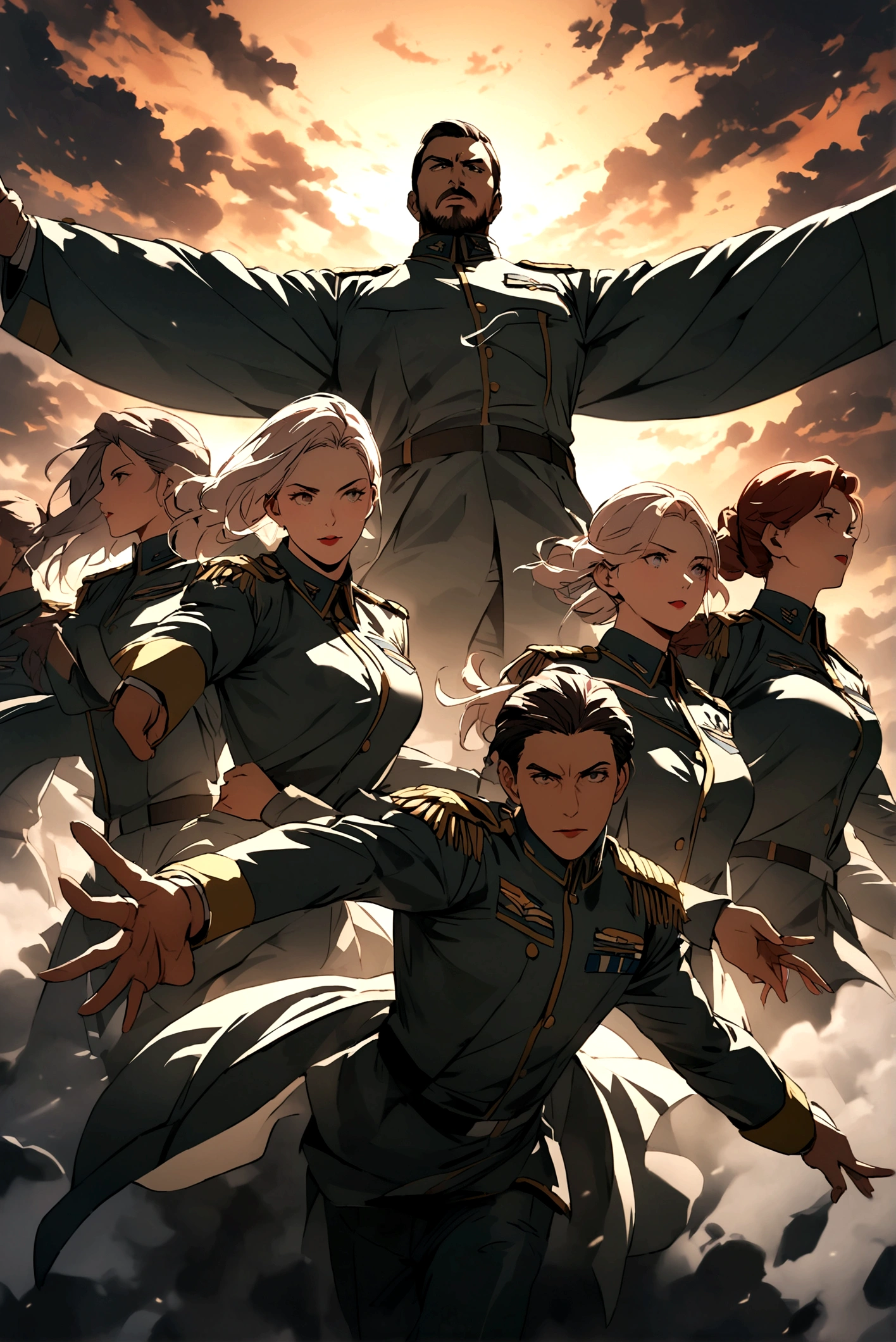 Create an image of a male lieutenant leader and five female air force lieutenants