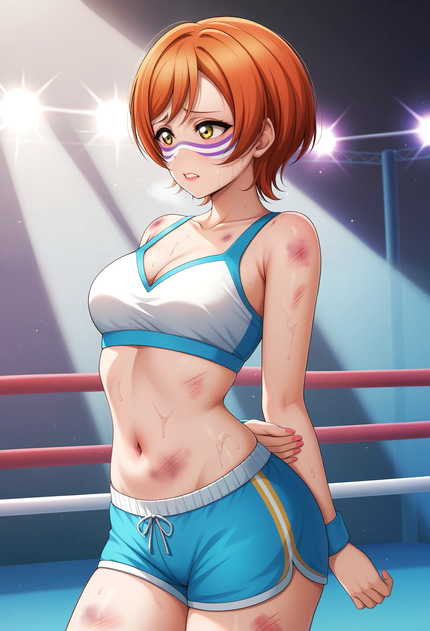 Masterpiece, sksrin, beautiful , facial details, 8k wallpaper, Rin Hoshizora Love Live, short hair, white gym bra, micro shorts , wrestling outfit,(lipstick:0.8), (face paint), defeated, beaten up, moist skin,thin waist ,short girl, skindentation , looking away, swelling bruises in face ,sad