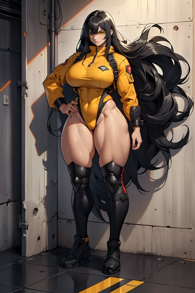 1girl, (((extremely long hair))), solo, (((muscular))), veins, black hair, yellow eyes, thick thighs, pale skin, strong, veins, big thighs, huge breasts, standing, bodyuit, pilot suit, ((thick thighs)), angry, against wall, gritty, (((full body))) thick thick thick thick thick thick thick thick thick thick thick thick