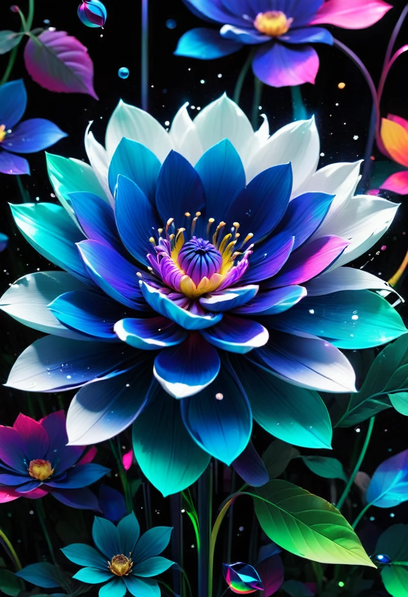 The flower petals should seamlessly blend with pixelated elements and glitch effects, symbolizing the fusion of nature and technology. The background of the shirt is neutral (white, black, or dark gray) to highlight the vibrant colors of the flower. Surround the flower with a soft glow of gradient colors transitioning from natural greens and blues to vibrant neons. Add fine metallic geometric lines interwoven with the main design, giving a touch of elegance and sophistication. Include a small, minimalist "Éclat" signature at the lower right corner of the design, accompanied by a tiny digital icon. Ensure the design is detailed and visually captivating, suitable for a high-quality, modern, and slightly fitted t-shirt made from organic cotton with a touch of elastane.