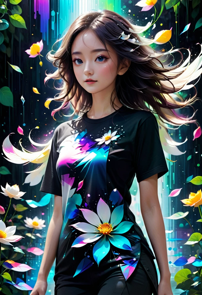 The flower petals should seamlessly blend with pixelated elements and glitch effects, symbolizing the fusion of nature and technology. The background of the shirt is neutral (white, black, or dark gray) to highlight the vibrant colors of the flower. Surround the flower with a soft glow of gradient colors transitioning from natural greens and blues to vibrant neons. Add fine metallic geometric lines interwoven with the main design, giving a touch of elegance and sophistication. Include a small, minimalist "Éclat" signature at the lower right corner of the design, accompanied by a tiny digital icon. Ensure the design is detailed and visually captivating, suitable for a high-quality, modern, and slightly fitted t-shirt made from organic cotton with a touch of elastane.