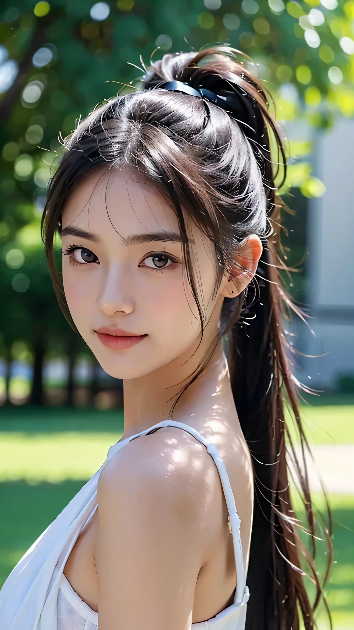 dress,outdoors,Urban Park,On the lawn,One woman,close up face,fully body photo,masutepiece, The highest image quality, High quality, the background is clear,Beautiful woman, Japanese, Detailed, Ultra-detailed, finely detail, hight resolution, 8K Wallpaper, Perfect dynamic composition, Beautiful detailed eyes ,Detailed eyes, Detailed skin, Beautiful skin, 超hight resolution, (reality: 1.4),Very beautiful woman, Slightly younger face, Beautiful skin, slender, (Ultra photo realsisim), (hight resolution), (8K), (Very detailed) (beautifully detailed eyes), (super detailed), (Detailed face), view the viewer, Fine details, Detailed face, Staring straight ahead, Staring straight ahead, photos realistic, Bright lighting, Professional Lighting, Black hair,poneyTail,a baby face,sixteen years old,Hairstyle: ponytail,Long ponytail hairstyle,slight smile,