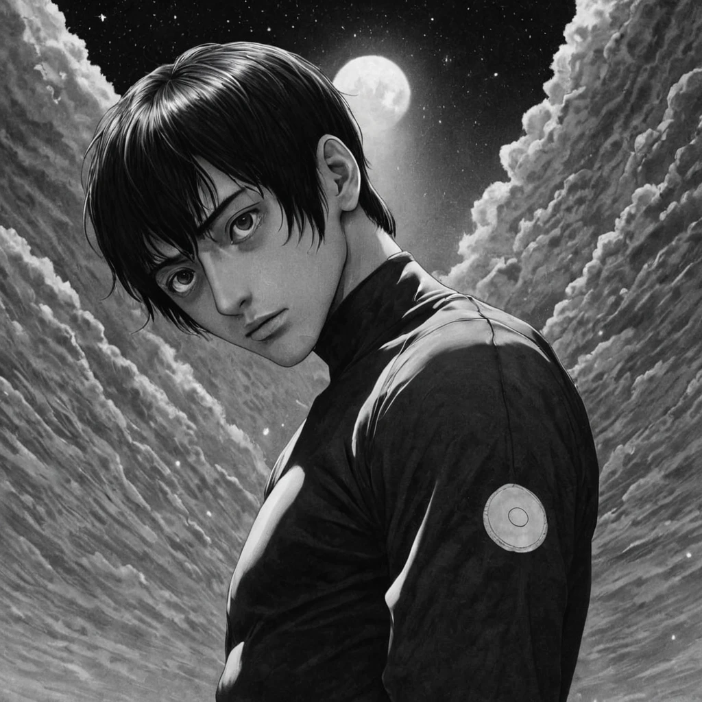 strong man, space, (anime), bizarre scenario, This is Junji, Yusuke Murata, black and white, 8K, anime, horror