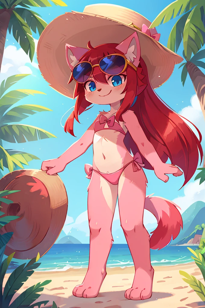 urry girl, cat, red hair, Knight bangs hairstyle, long ponytail, anime style, medium breasts, blue eyes, ((bright pink bikini Bandeau with bow in the center, side bows at the bottom, Sunglasses and wide-brimmed hat)), high quality, detailed body, detailed eyes, detailed face, masterpiece, glistening body, detailed body fur, best quality, two tone body, pink fur, clear pink fur, perfect lighting, perfect shadows, perfect eyes, perfect hair, perfect face, gorgeous body, skinny, standing, solo, :3, smilling, standing, beach, clear sky, full body, feets with three toes, 3 toes,