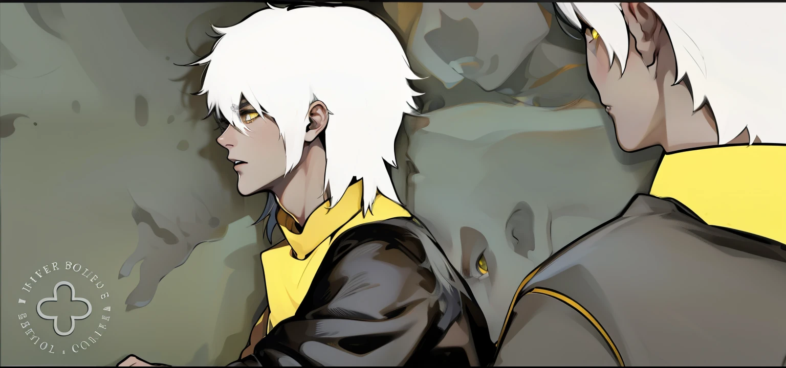 He is talking with his mouth open, 28 years old, white hair and yellow eyes, they are talking, worried, thoughtful, wearing black and yellow clothes.