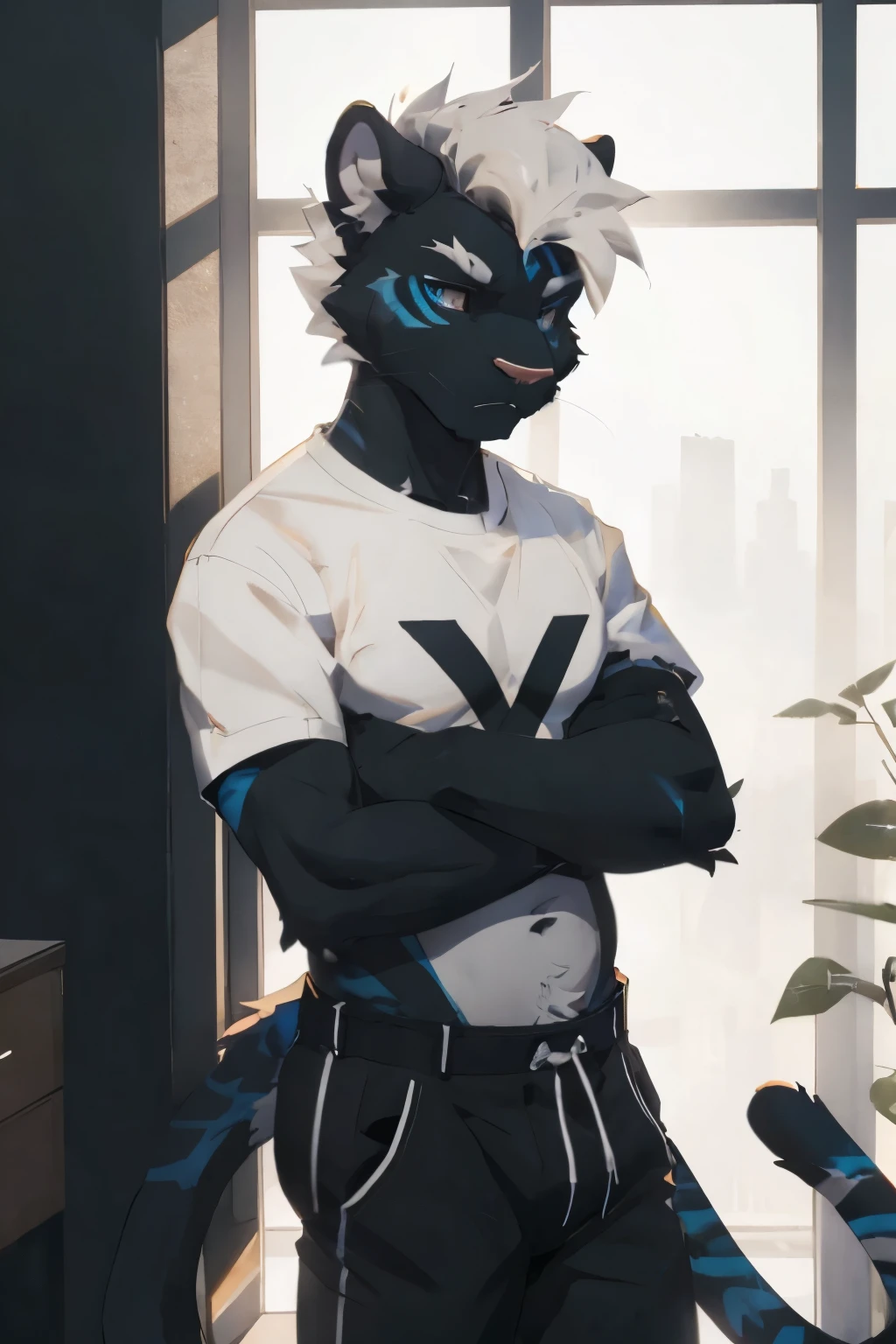 Solo, male, a cute anthro furry panther boy of 19 years old, a single panther tail always, toned, lean, black and white hair, faux hawk hair, blue panther eyes, by fumiko, by hyattlen, by zackary911, indoors, standing, arms crossed, front view, leaning his back against a wall, serious, all black onyx fur, white stripes, crop top white t-shirt and black tight jeans.